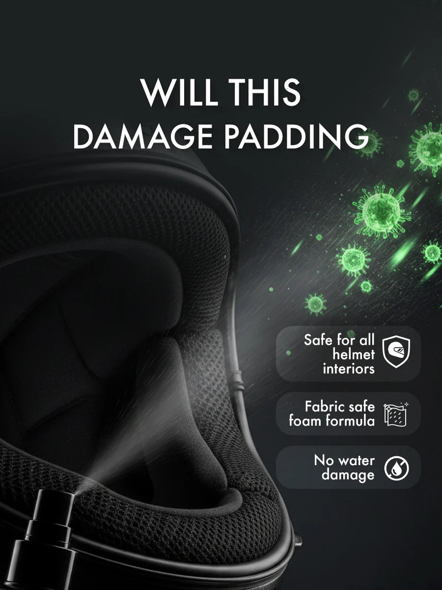 cleaning motorcycle helmet at home
applying helmet cleaner foam
rider cleaning helmet interior
fresh and hygienic bike helmet
helmet care routine for bikers
maintaining helmet hygiene daily
